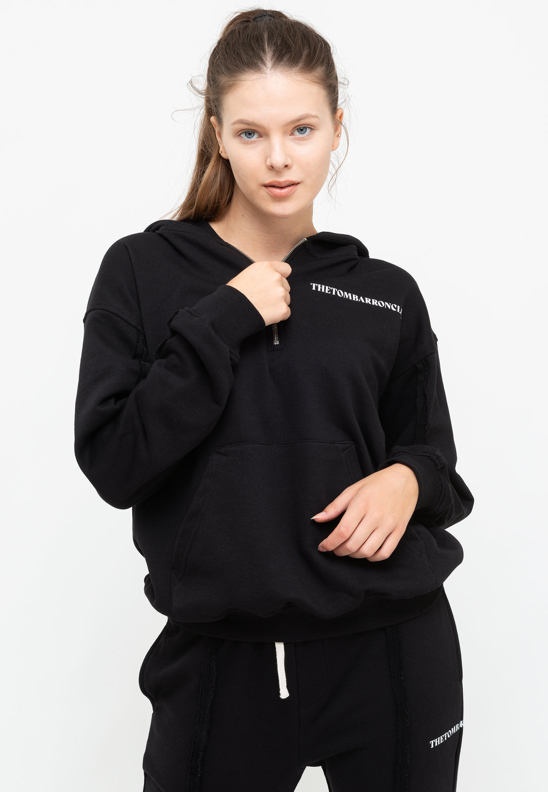 WOMAN TRACKSUIT QUARTER ZIP  RAW SEAM HOODIE AND PANT